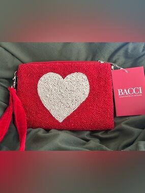 BACCI Beaded Red with White Heart Wristlet Zipper Pouch